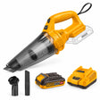 Ingco CVLI20126 cordless handheld vacuum kit with 2.0Ah battery, charger, crevice nozzle and dust brush on white background.