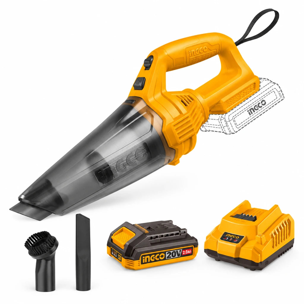 Ingco CVLI20126 cordless handheld vacuum kit with 2.0Ah battery, charger, crevice nozzle and dust brush on white background.