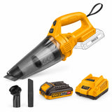 Ingco CVLI20126 cordless handheld vacuum kit with 2.0Ah battery, charger, crevice nozzle and dust brush on white background.