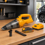 Ingco CVLI20126 handheld vacuum stored with its battery, charger and nozzles in an organised contemporary garage.