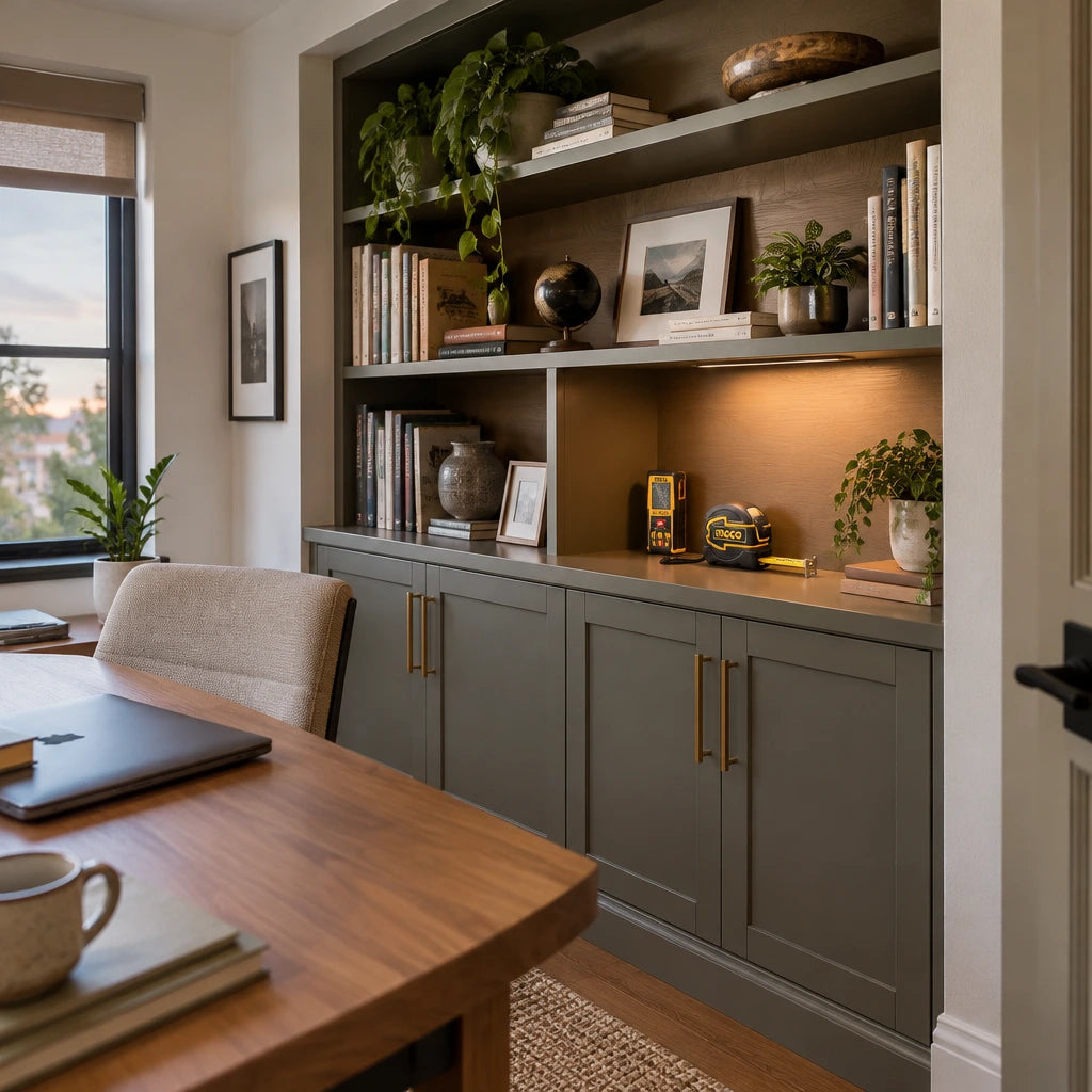 Completed built-in home-office shelving fitted neatly into an alcove with the Ingco measuring kit resting nearby.