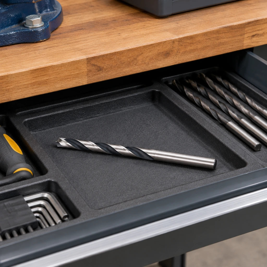 Ingco 14 mm HSS4341 drill bit resting in an organised metalworking tool drawer