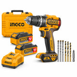 Ingco CIDLI208689 20V brushless cordless impact drill kit with two 4.0Ah batteries, charger, bits and carrying case on white background