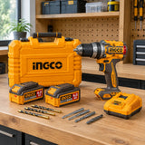 Ingco CIDLI208689 cordless impact drill kit stored with its case, batteries and charger in an organised workshop cabinet