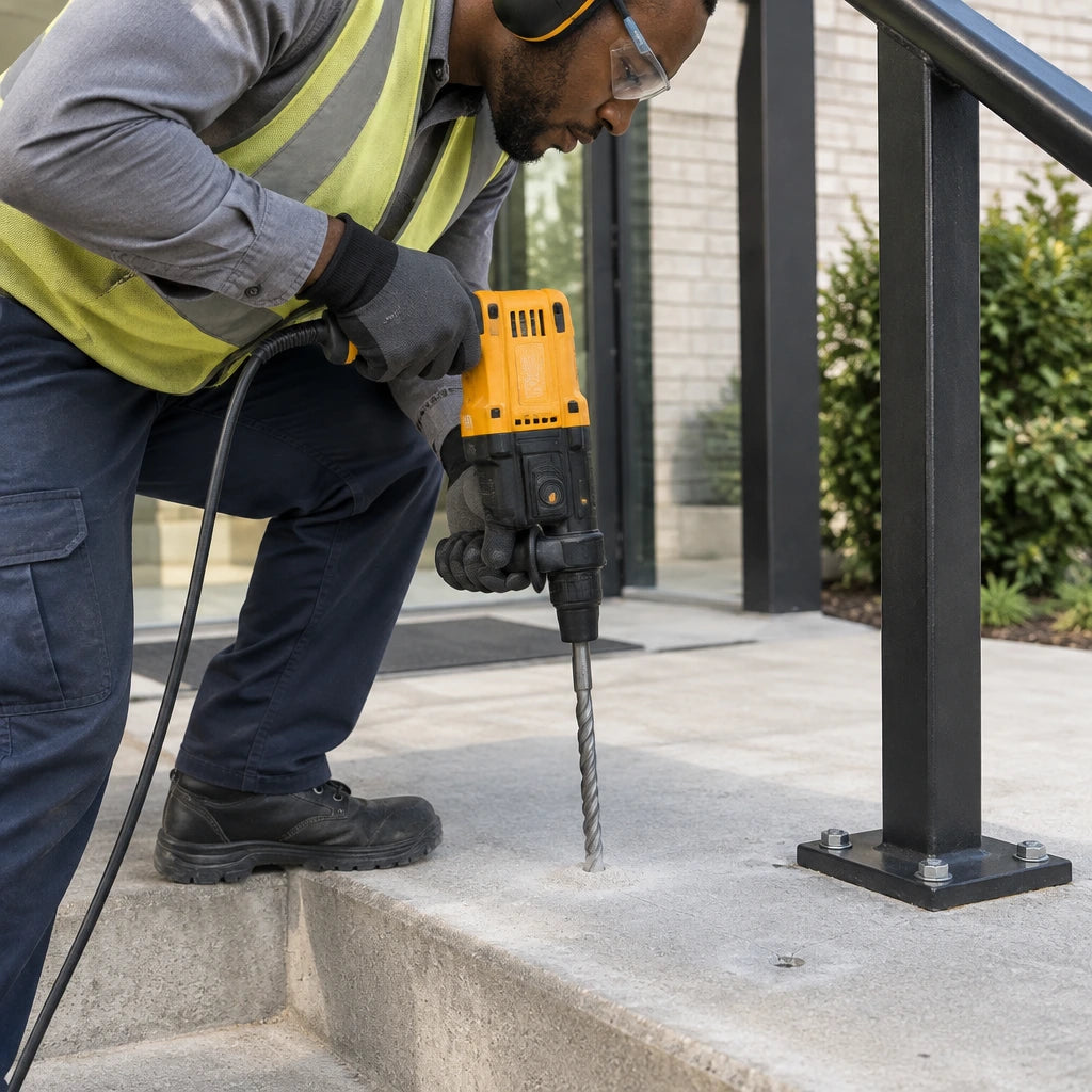 Installer uses an Ingco 20 mm SDS Plus bit in a rotary hammer to drill a concrete stair anchor hole