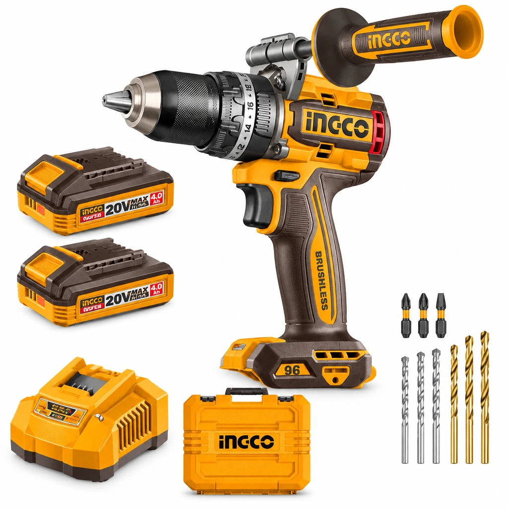 Ingco CIDLI209689 20V cordless impact drill kit with auxiliary handle, two batteries, charger, case and drill accessories on white background.
