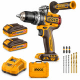 Ingco CIDLI209689 20V cordless impact drill kit with auxiliary handle, two batteries, charger, case and drill accessories on white background.