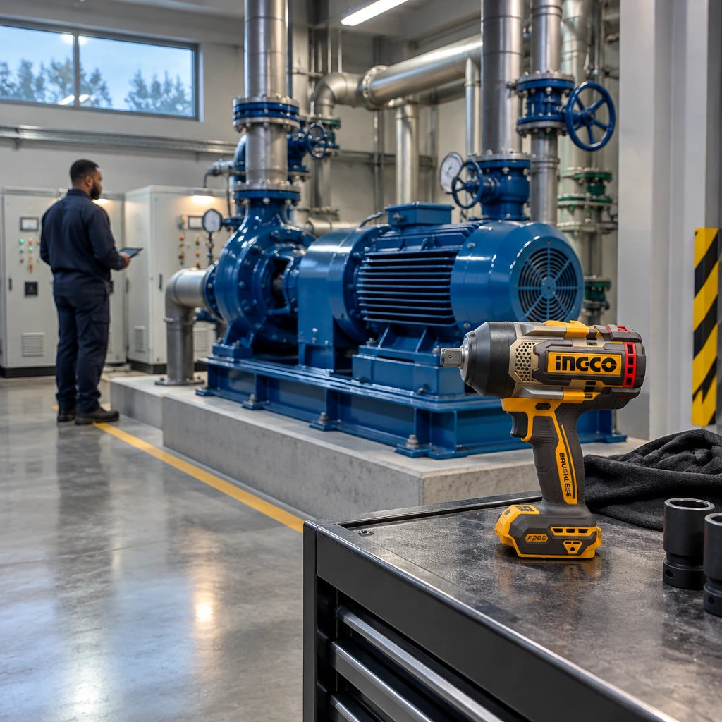 Serviced industrial pump ready for operation with an Ingco cordless impact wrench resting nearby