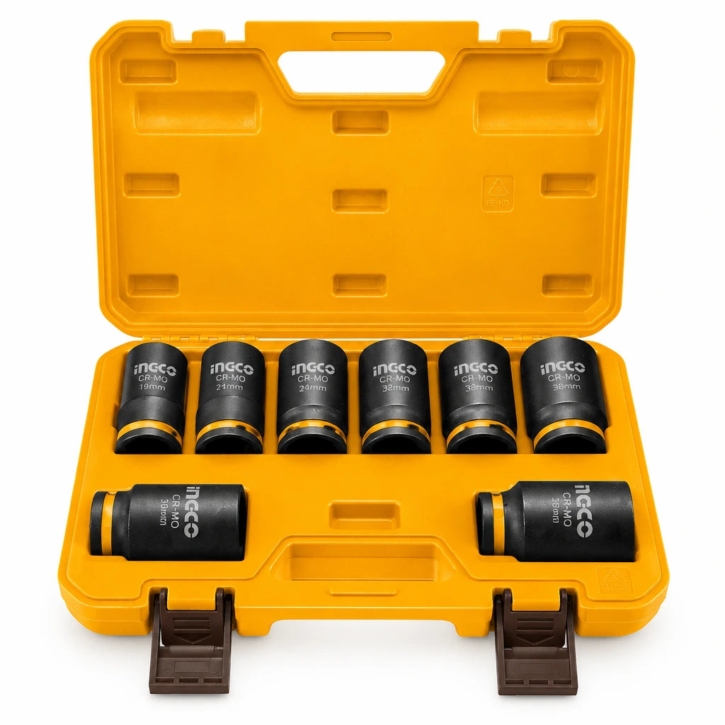 Ingco eight-piece 3/4-inch deep impact socket set in orange case with black 19–38 mm Cr-Mo sockets