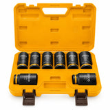 Ingco eight-piece 3/4-inch deep impact socket set in orange case with black 19–38 mm Cr-Mo sockets