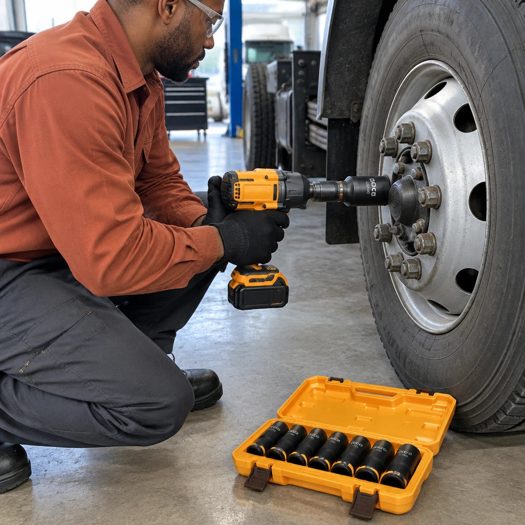 Technician uses an Ingco 38 mm deep impact socket on a large commercial-vehicle chassis fastener