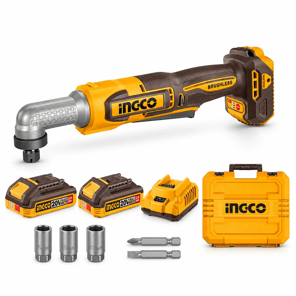 Ingco CAIRLI208 20V cordless right-angle impact tool kit with two batteries, charger, bits, nut setters and case
