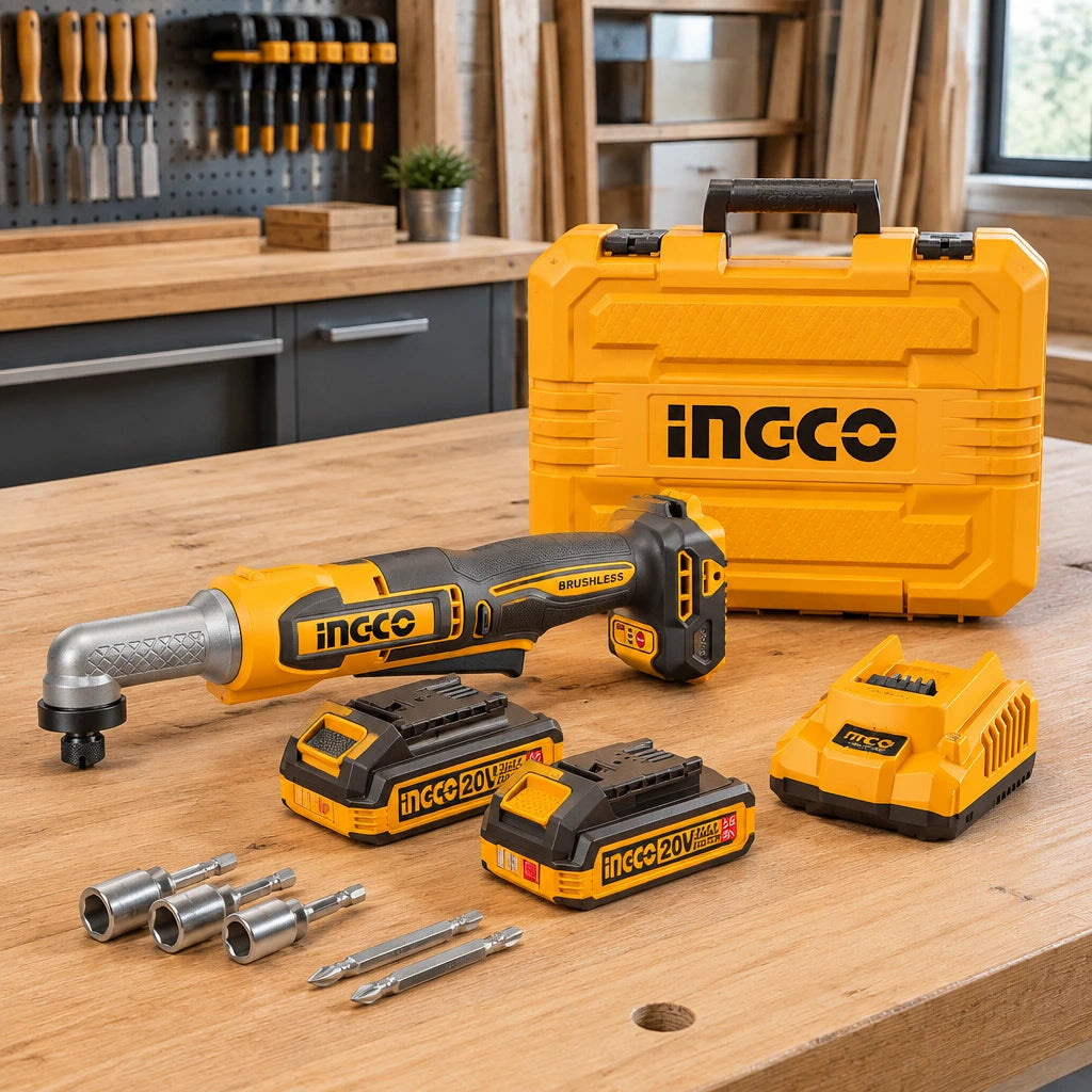 Ingco CAIRLI208 right-angle impact tool kit resting in its case on a tidy joinery workshop bench