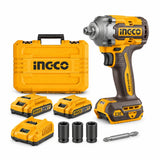 Ingco CIWLI20236 20V cordless impact driver and wrench kit with two batteries, charger, sockets, screwdriver bit and carrying case on white background.