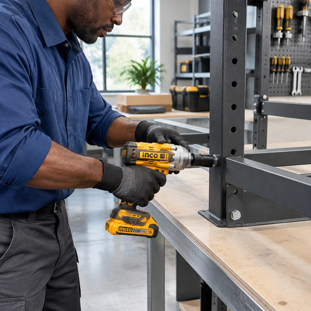 African American equipment assembler uses the Ingco CIWLI20236 cordless impact wrench with a supplied socket to tighten a steel rack fastener in a professional-