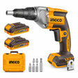 Ingco 20V cordless drywall screwdriver kit with two batteries, charger, bits, holder and carrying case on white background