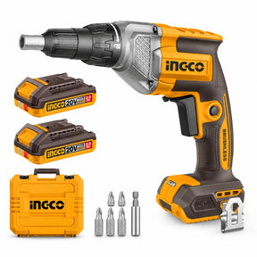 Ingco 20V cordless drywall screwdriver kit with two batteries, charger, bits, holder and carrying case on white background