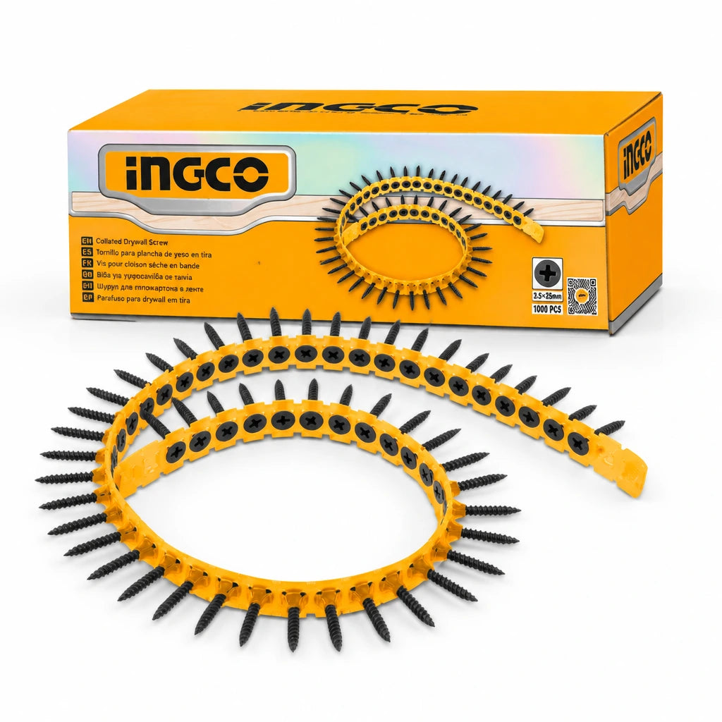 Ingco ANA19251 box with orange strips of 3.5 by 25 mm black collated drywall screws on white background