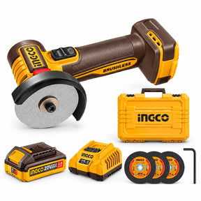 Ingco CAGLI207625 20V cordless 3-inch mini cut-off tool kit with battery, charger, discs and carrying case on white background