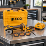 Ingco CAGLI207625 cordless mini cut-off tool kit stored in its case on a professional workshop bench