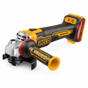 Ingco CAGLI212027 20V cordless angle grinder with protective guard and auxiliary handle on a white background