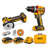 Ingco CKLI20255 20V cordless mini cut-off tool and impact drill kit with two batteries, charger, accessories and carrying case on white background.