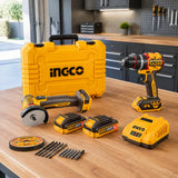 Ingco CKLI20255 cordless cut-off tool and impact drill kit stored in its carrying case on a clean home workshop bench.