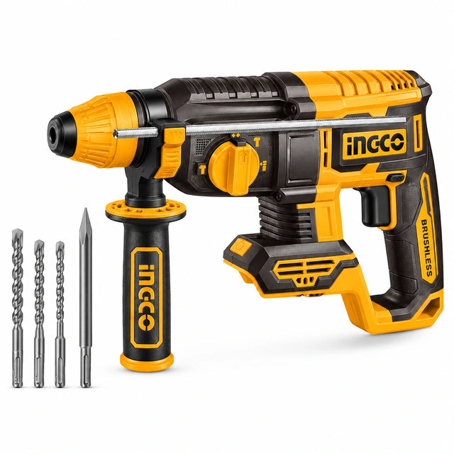 Ingco CRHLI26208 20V cordless SDS Plus rotary hammer with side handle on a white background.