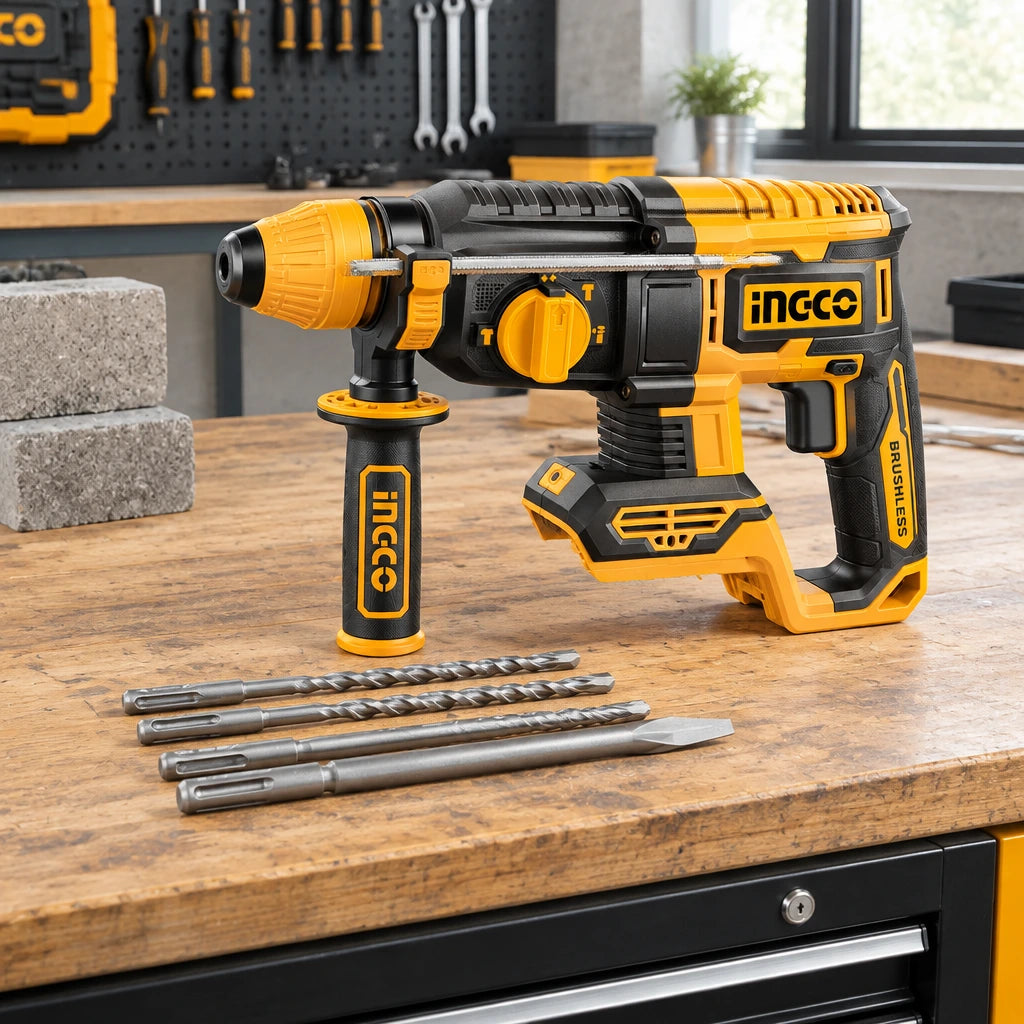 Ingco cordless SDS Plus rotary hammer resting in an organised professional renovation workshop.