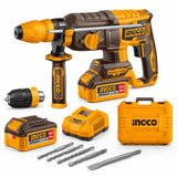 Ingco CRHLI202689 20V SDS Plus rotary hammer kit with two batteries, charger, bits, chisel and case on white background.
