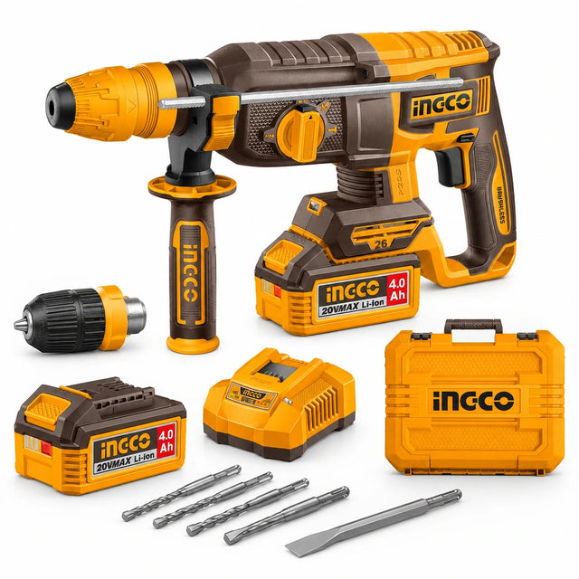 Ingco CRHLI202689 20V SDS Plus rotary hammer kit with two batteries, charger, bits, chisel and case on white background.