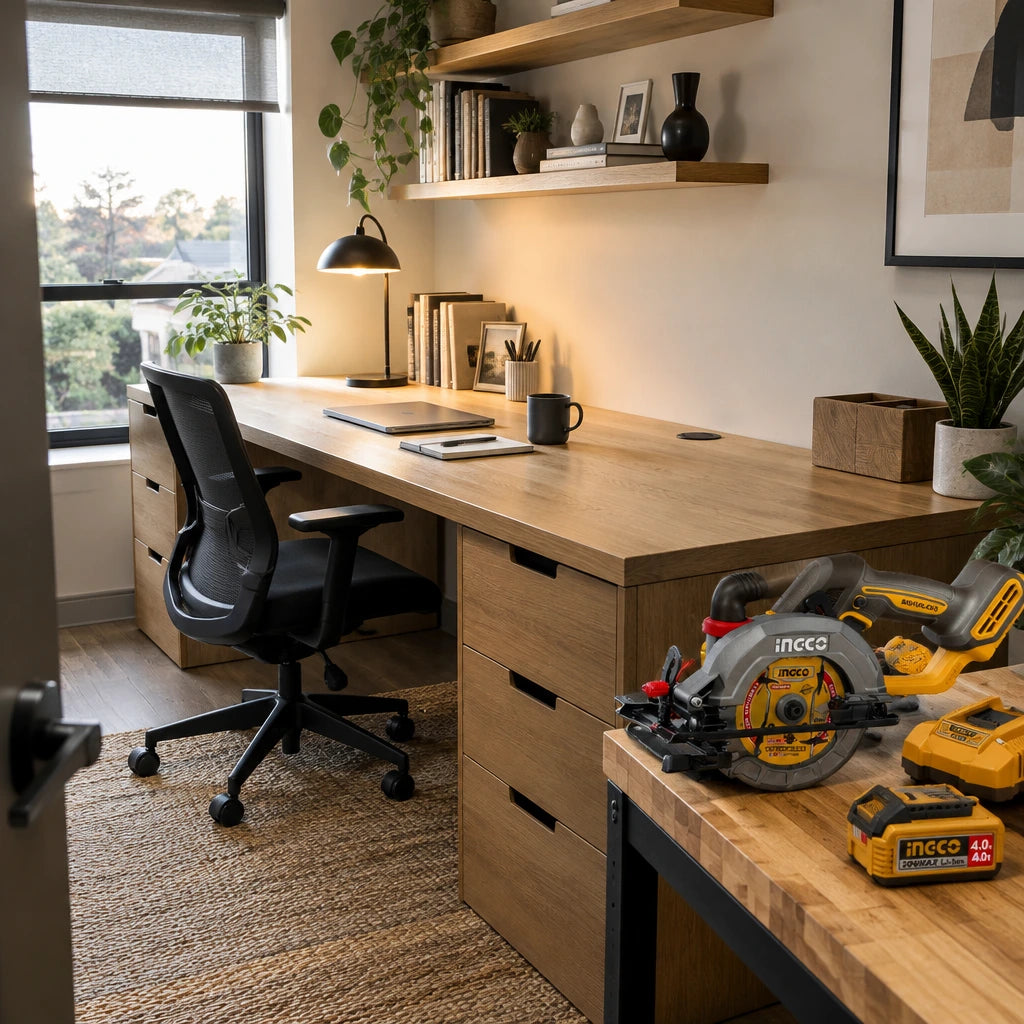 Finished contemporary home office with fitted timber desk and Ingco cordless circular saw resting nearby