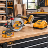Ingco cordless circular saw kit resting on an organised joinery workshop workbench