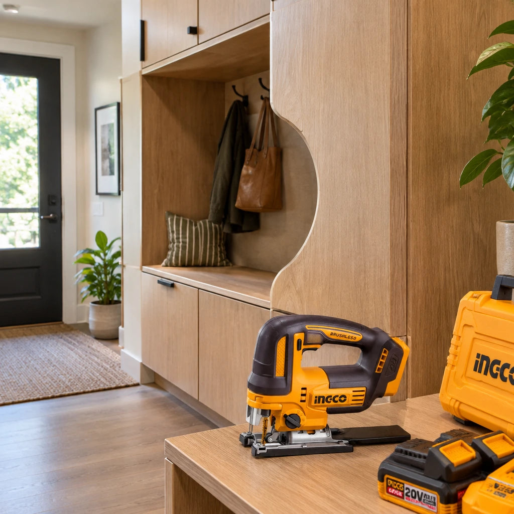 Finished built-in entry storage with a curved plywood opening and Ingco cordless jigsaw nearby