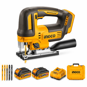 Ingco CJSLI13562 20V cordless brushless jigsaw kit with batteries, charger, blades and carrying case on white background