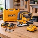 Ingco cordless jigsaw resting on an organised woodworking bench beside its carrying case
