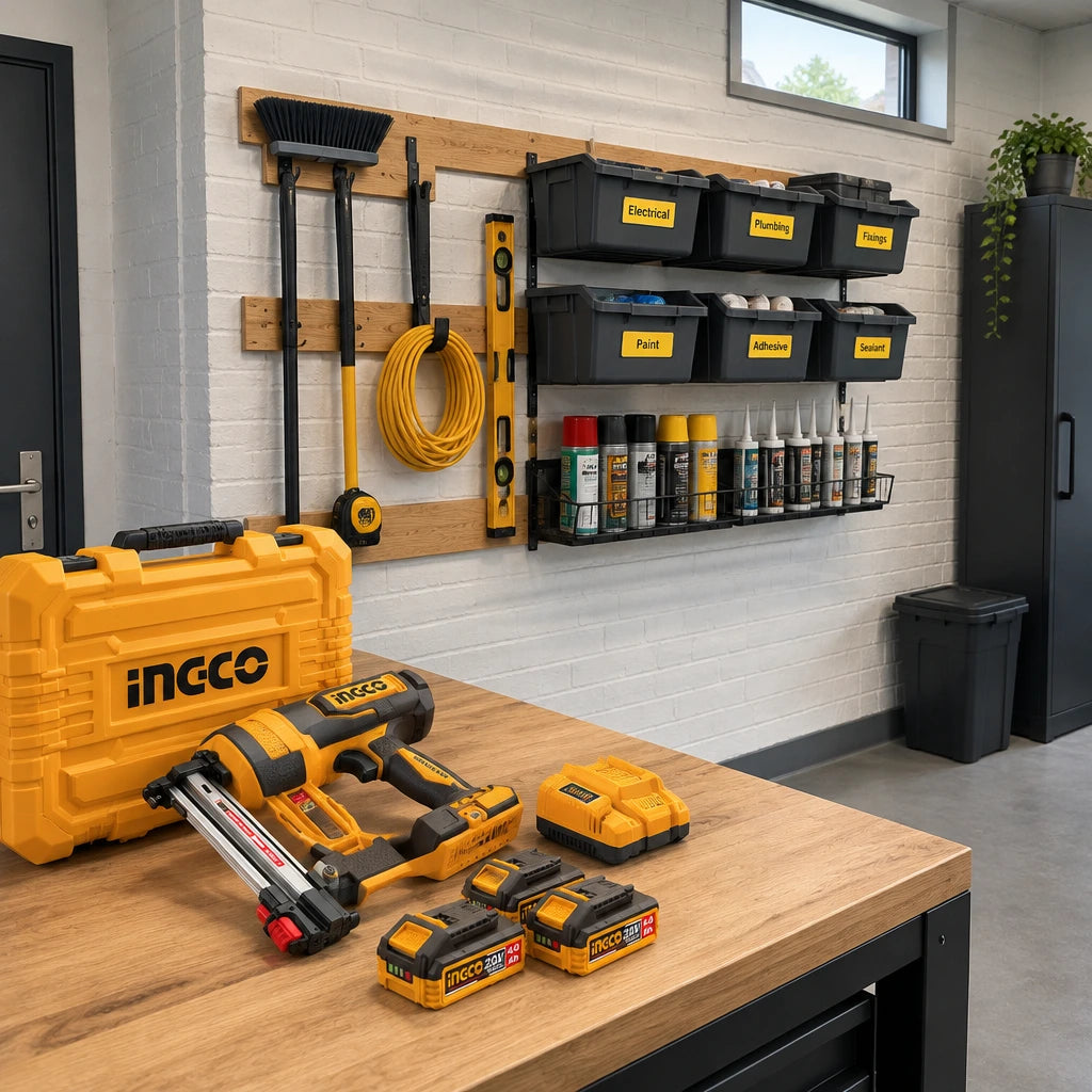Finished commercial utility room with timber storage rails fixed to a brick wall and the inactive Ingco CBNLI38136 nailer nearby.