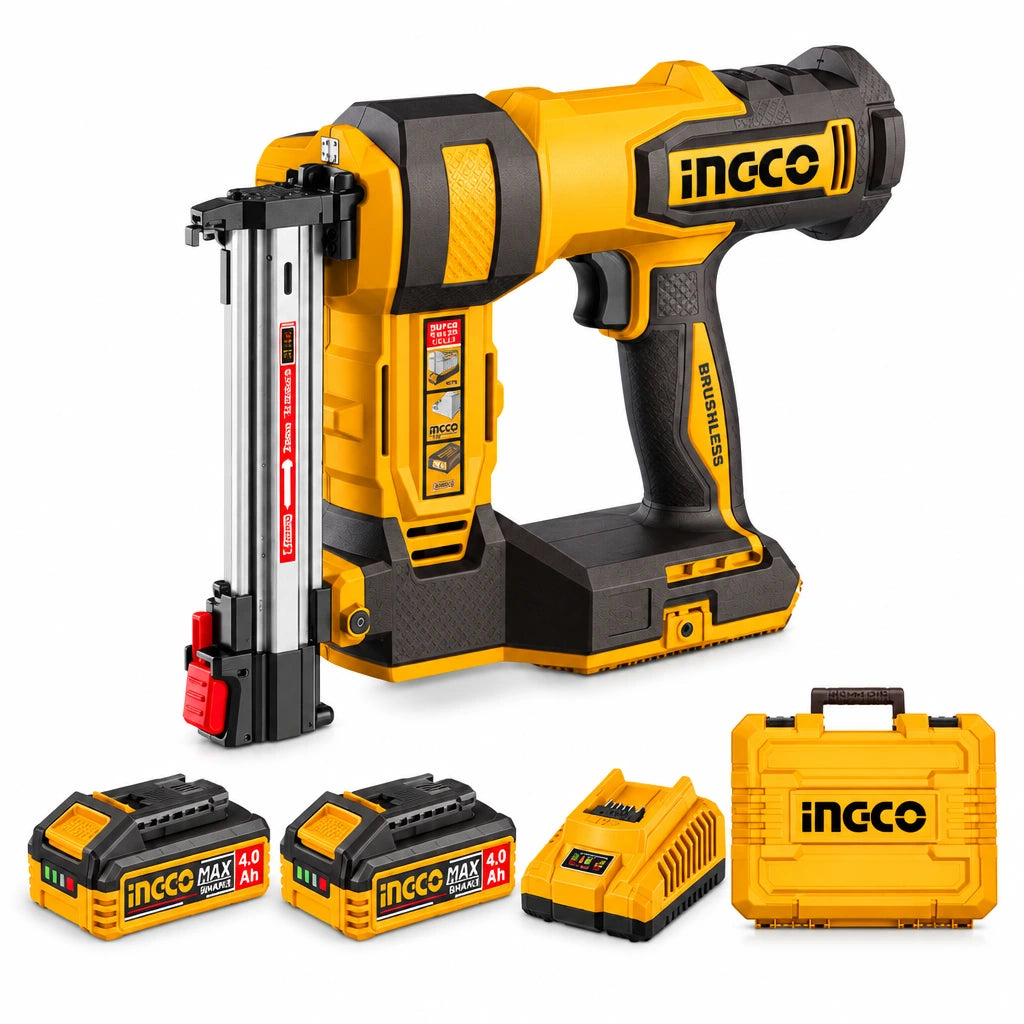 Ingco CBNLI38136 20V cordless concrete and brick nailer kit with two 4.0Ah batteries, charger and storage case on white background.