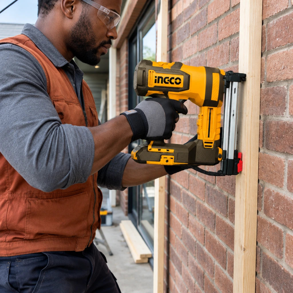 African American installer using the Ingco CBNLI38136 cordless nailer to fasten a timber batten to a brick wall.