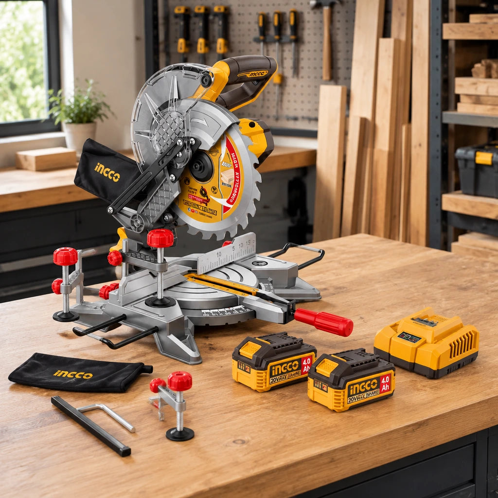 Ingco cordless sliding mitre saw resting on an organised joinery workshop workbench