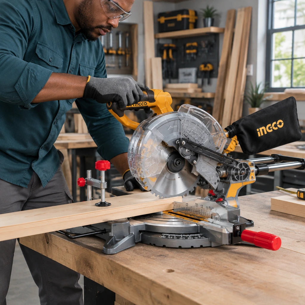 African American carpenter using the Ingco CMSLI20212 cordless sliding mitre saw to cut clamped timber trim