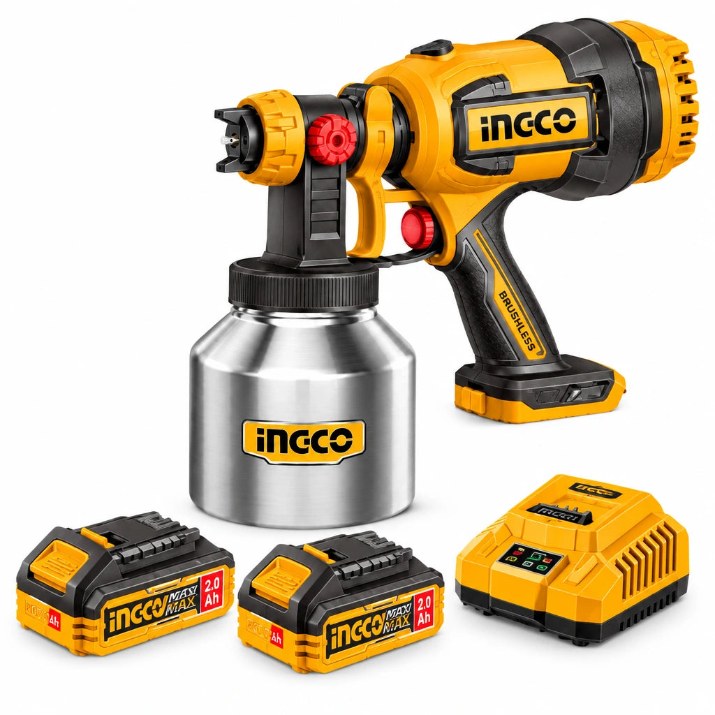 Ingco 20V cordless spray gun kit with stainless-steel cup, two batteries and charger on a white background