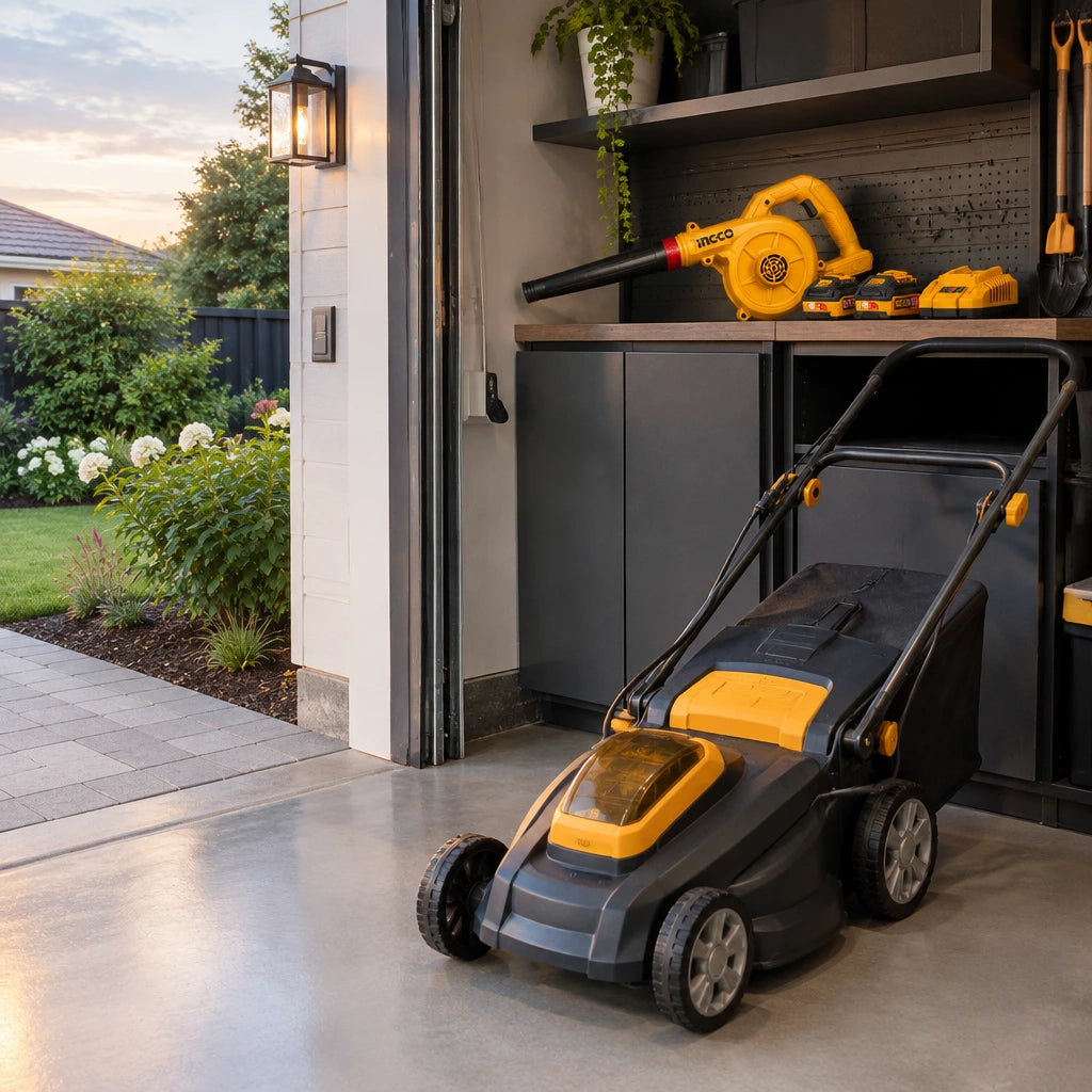 Ingco CABLI20782 cordless blower rests beside a clean lawn mower in an organised garden utility area.