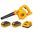 Ingco CABLI20782 20V cordless air blower kit with blower, two 2.0Ah batteries and charger on white background.