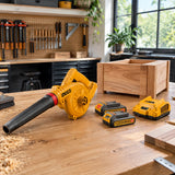 Clean woodworking bench with the inactive Ingco CABLI20682 cordless blower ready for the next project