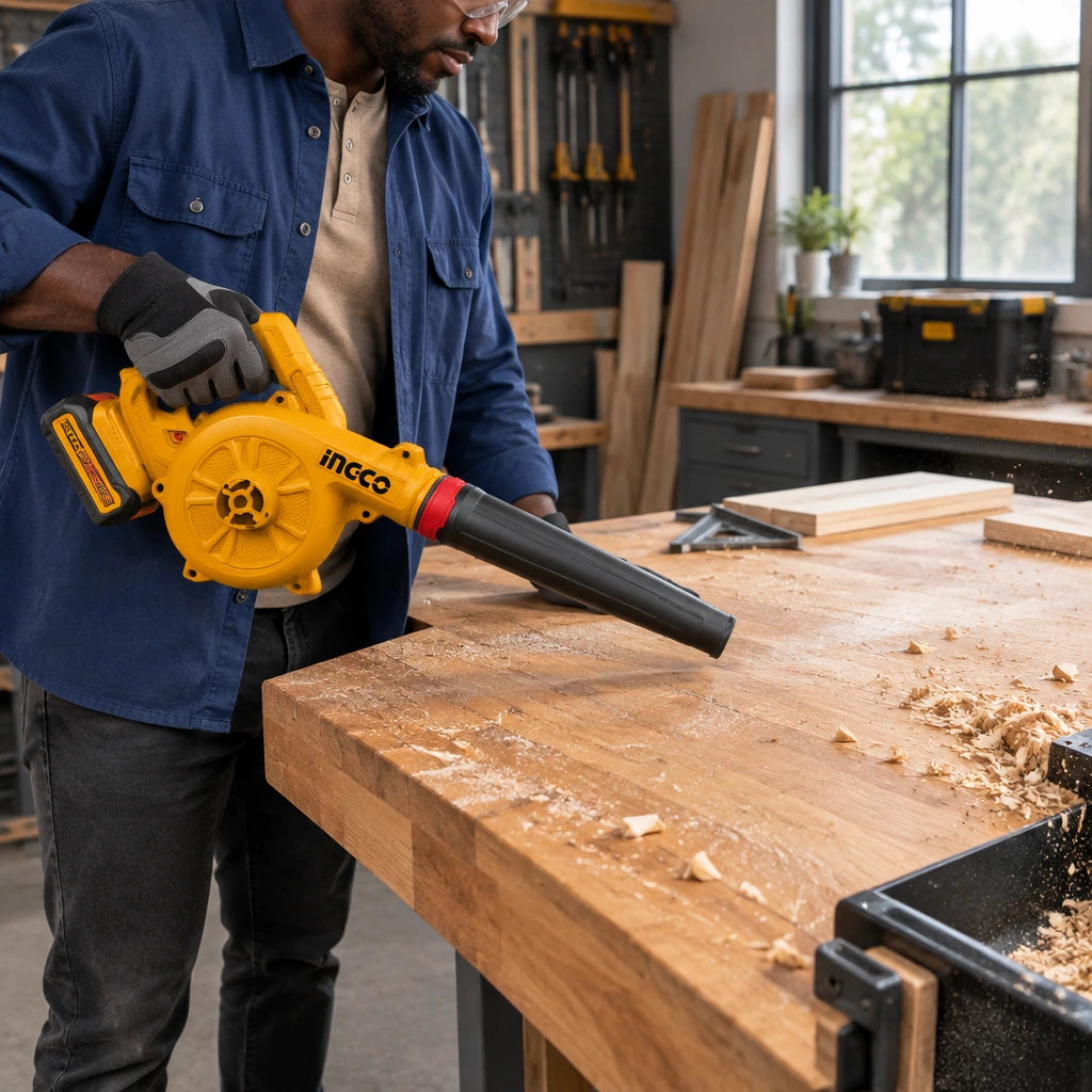 African American woodworker using the Ingco CABLI20682 cordless blower to clear sawdust from a workbench