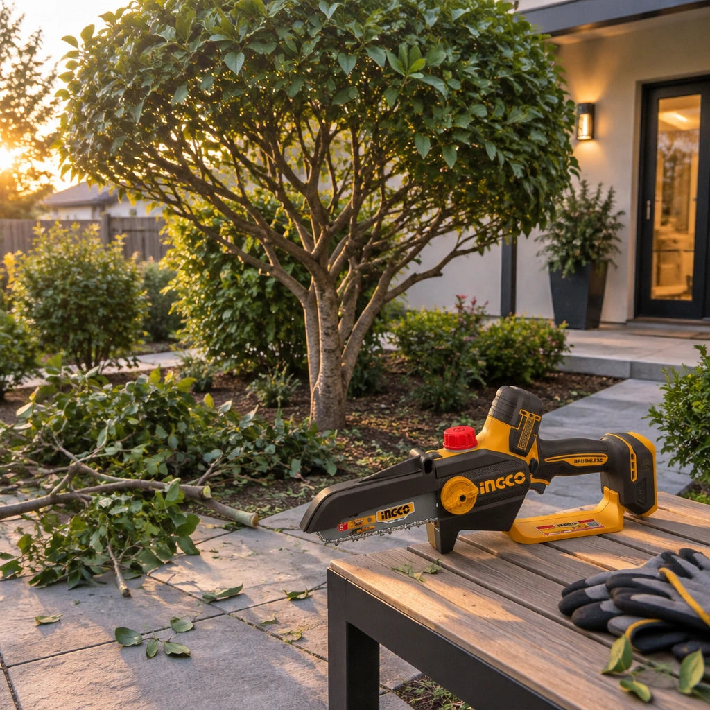 Finished residential garden with a neatly pruned ornamental tree, clear path and Ingco cordless pruning saw resting nearby.