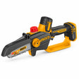 Ingco 20V 5-inch cordless pruning saw with orange and black brushless motor housing, guide bar and chain on a white background.