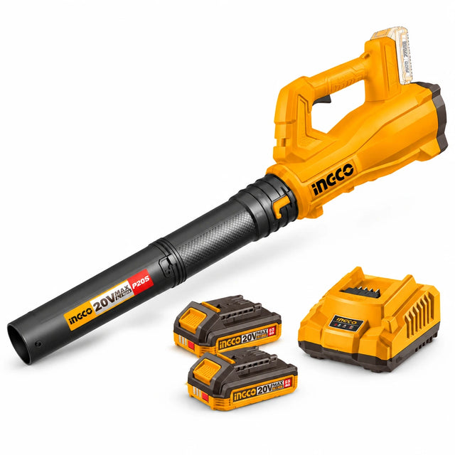 Ingco CABLI203232 20V cordless air blower kit with long nozzle, two 2.0Ah batteries and charger on a white background