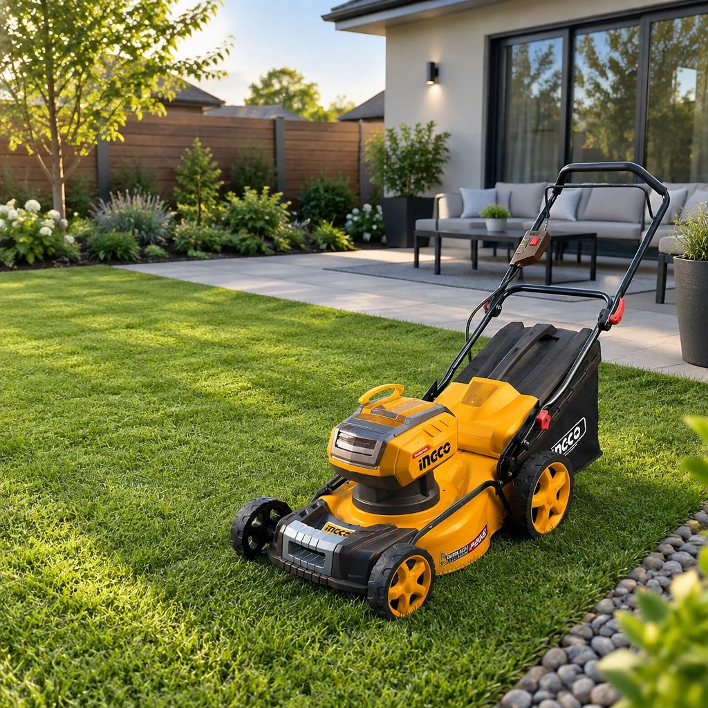 Freshly cut contemporary home lawn with the Ingco LMLI4020 cordless mower parked beside the finished garden
